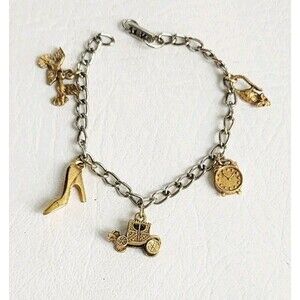 Vintage Cinderella Disney Charm Bracelet, Carriage, Slipper, Clock, Mouse, Bird